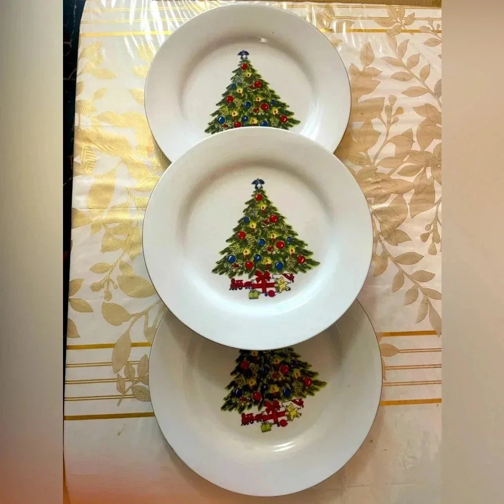 VTG? Fine China Set of  3Christmas/ New year Tree Ceramic Dinner Plates 10 1/2"